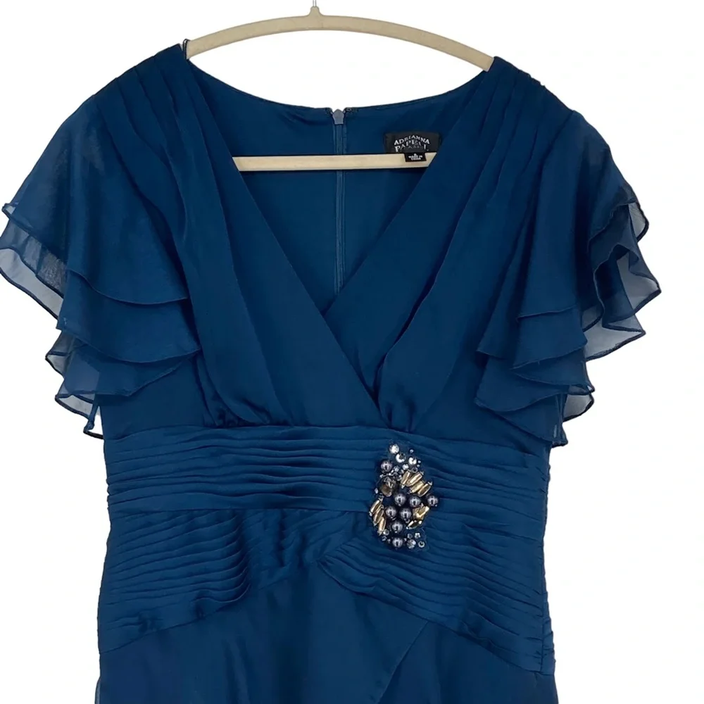 *Adrianna Papell Occ 6 Teal chiffon Ruffled Gown Flutter Sleeves Beaded Detail - Picture 3 of 12